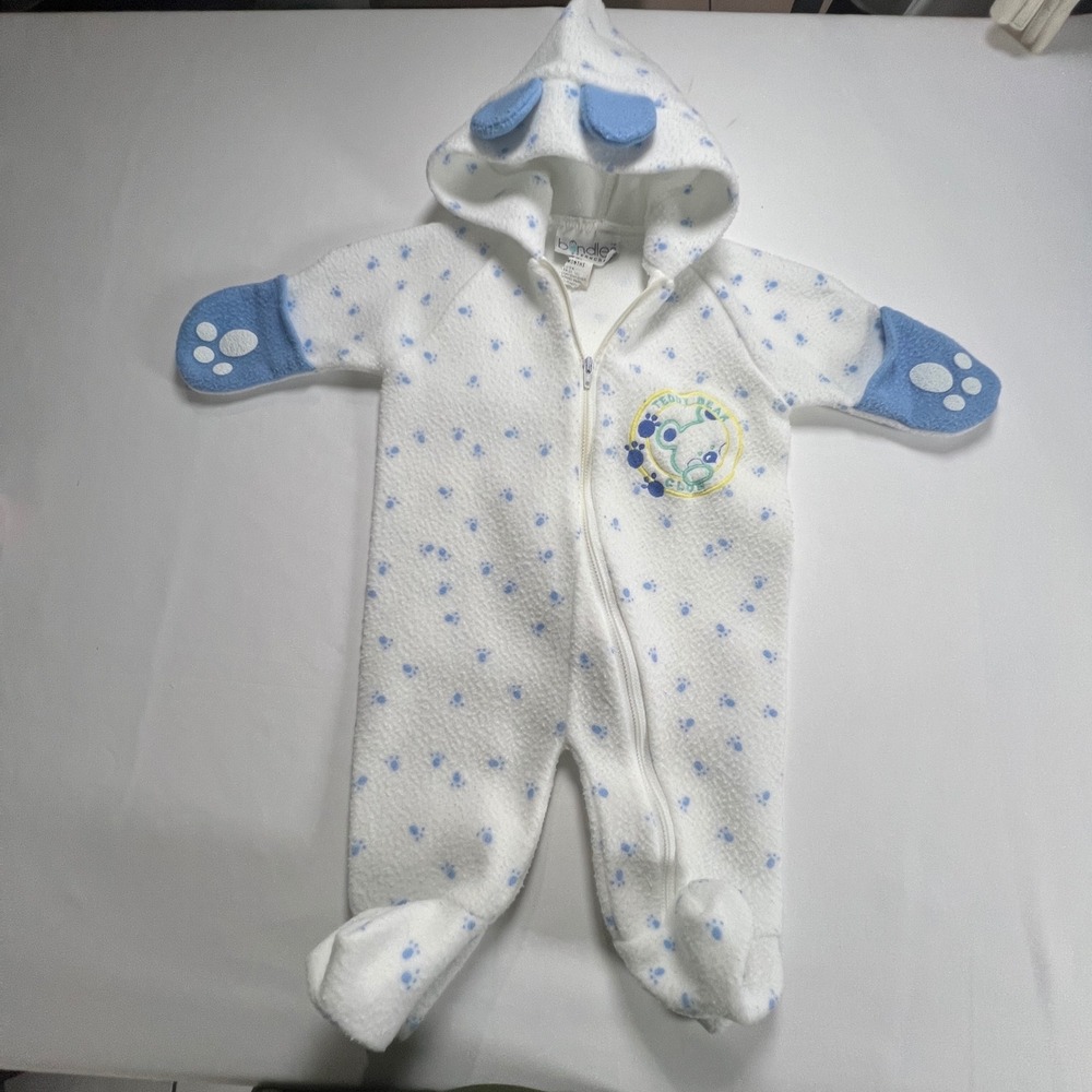 Bundles by Sterncraft Baby Fleece Bunting White Blue Paw Print Hooded 0-6 Months